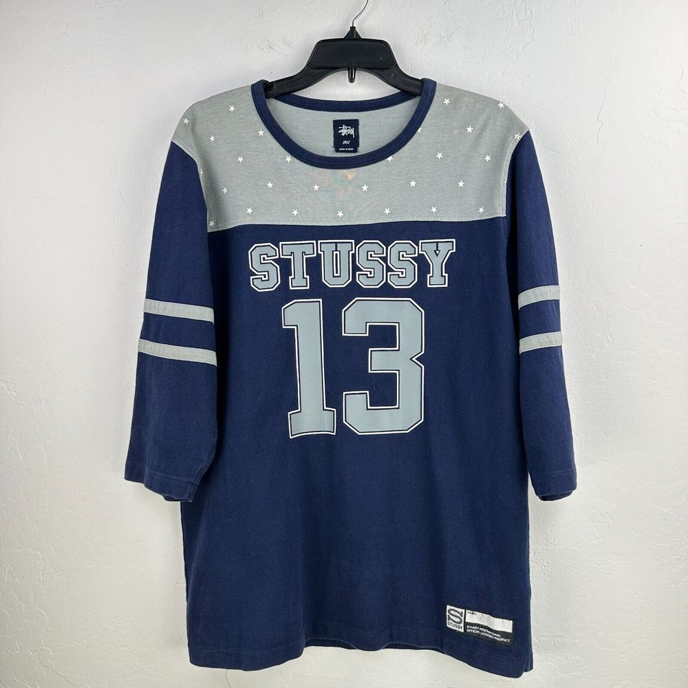 Stussy 13 Jersey Mens L‎ Blue Gray Cotton Half Sleeve Heavier Streetwear Stripe